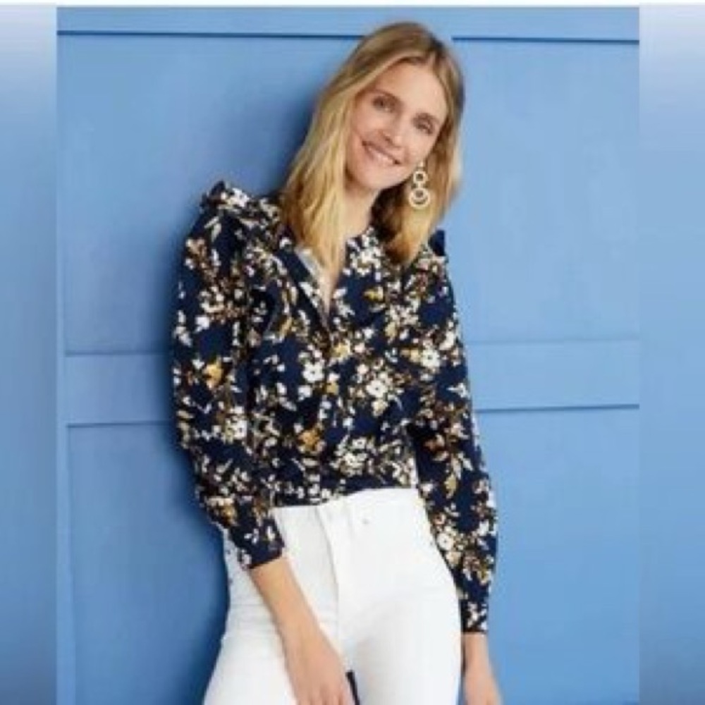 NWT J. Crew Floral Navy Blue Long Sleeve Button-Up Blouse with ruffle detail